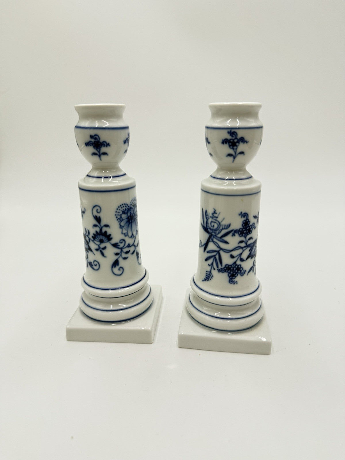 Antique Meissen Porcelain Blue Onion Candle Holder 6” Pair Germany Hand Painted