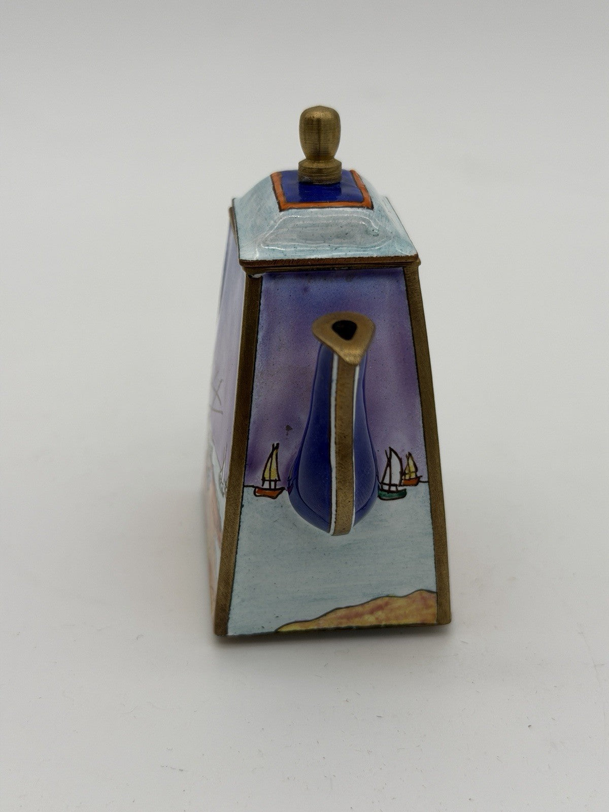 Kelvin Chen miniature enamel copper teapot Van Gogh inspired fishing boat scene