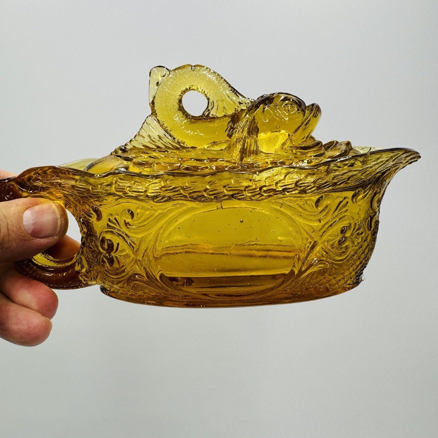 Gravy Boat Dish Dolphin Koi Fish Finial Amber Glass Lid Covered Bowl MCM