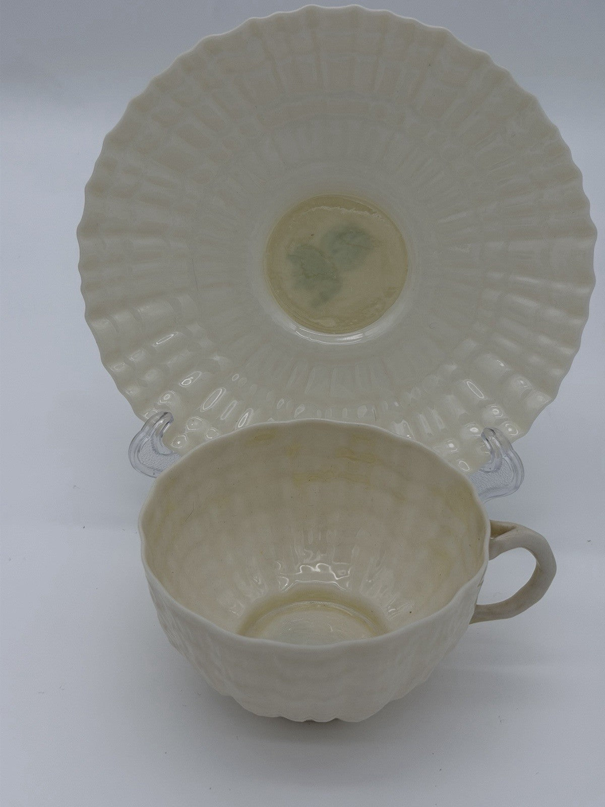 Belleek Ireland Porcelain Tridacna Shell Pattern Tea Cup & Saucer Set Vintage