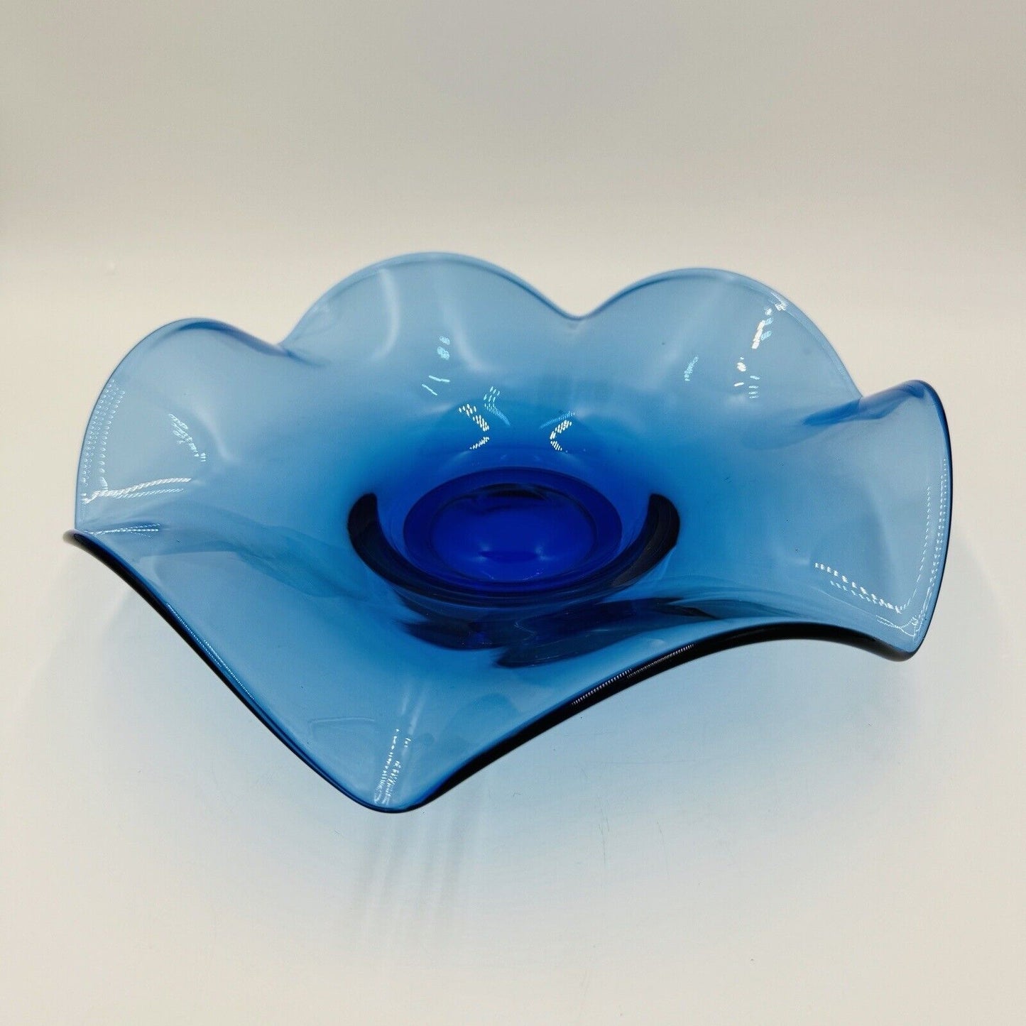 Viking Art Glass Bluenique Blue Ruffled 6 Petals Bowl 3in x 12in Rare MCM