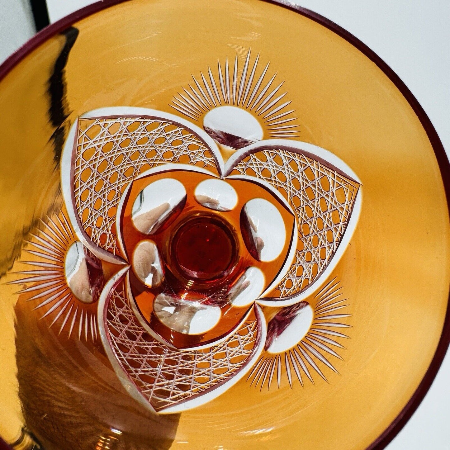 Bohemian crystal cut wine glass orange replacement 8” Vintage Etched