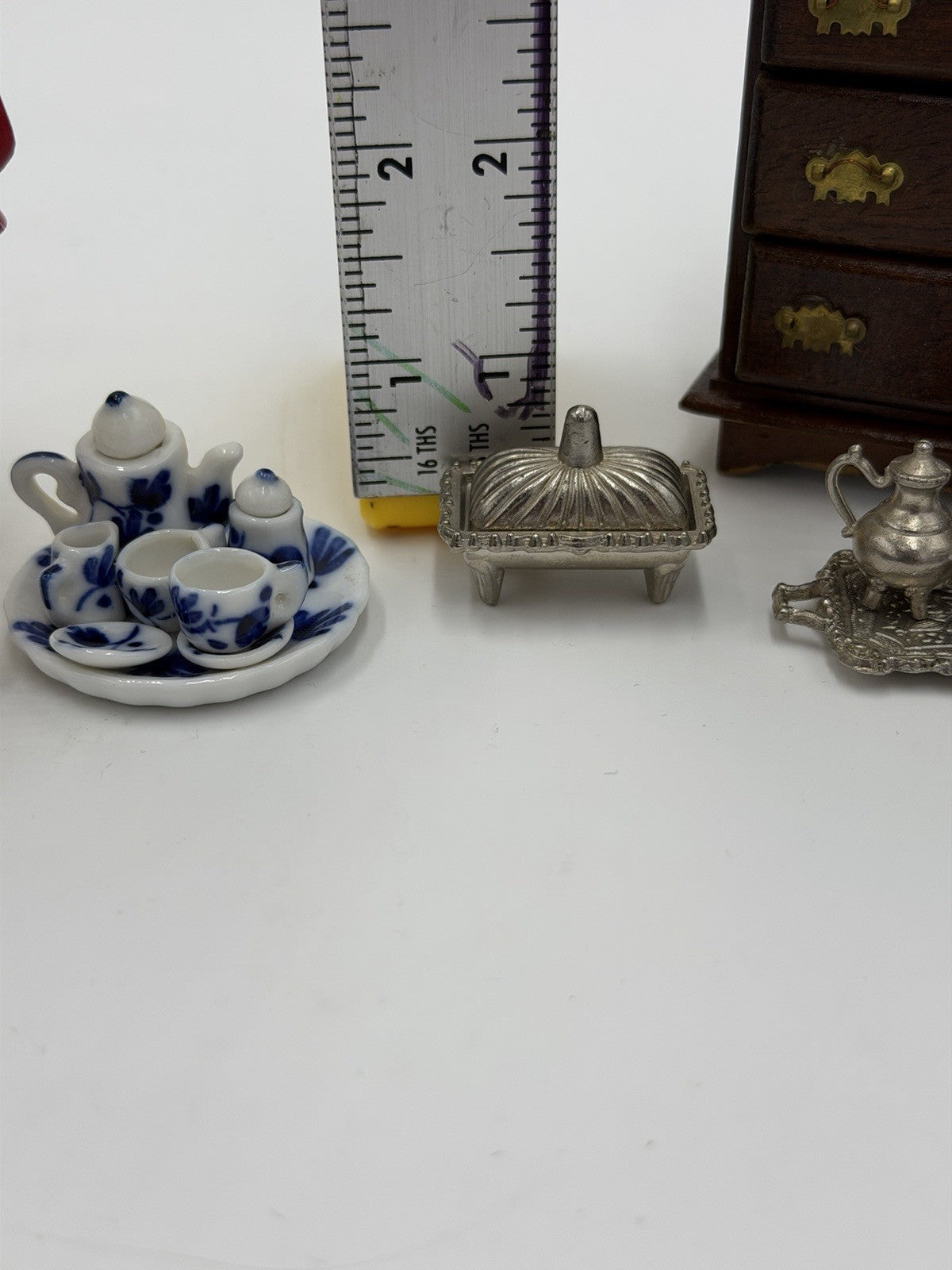 Vintage Dollhouse Furniture Miniature Lot Drawer Bible Clock Tea Set Table
