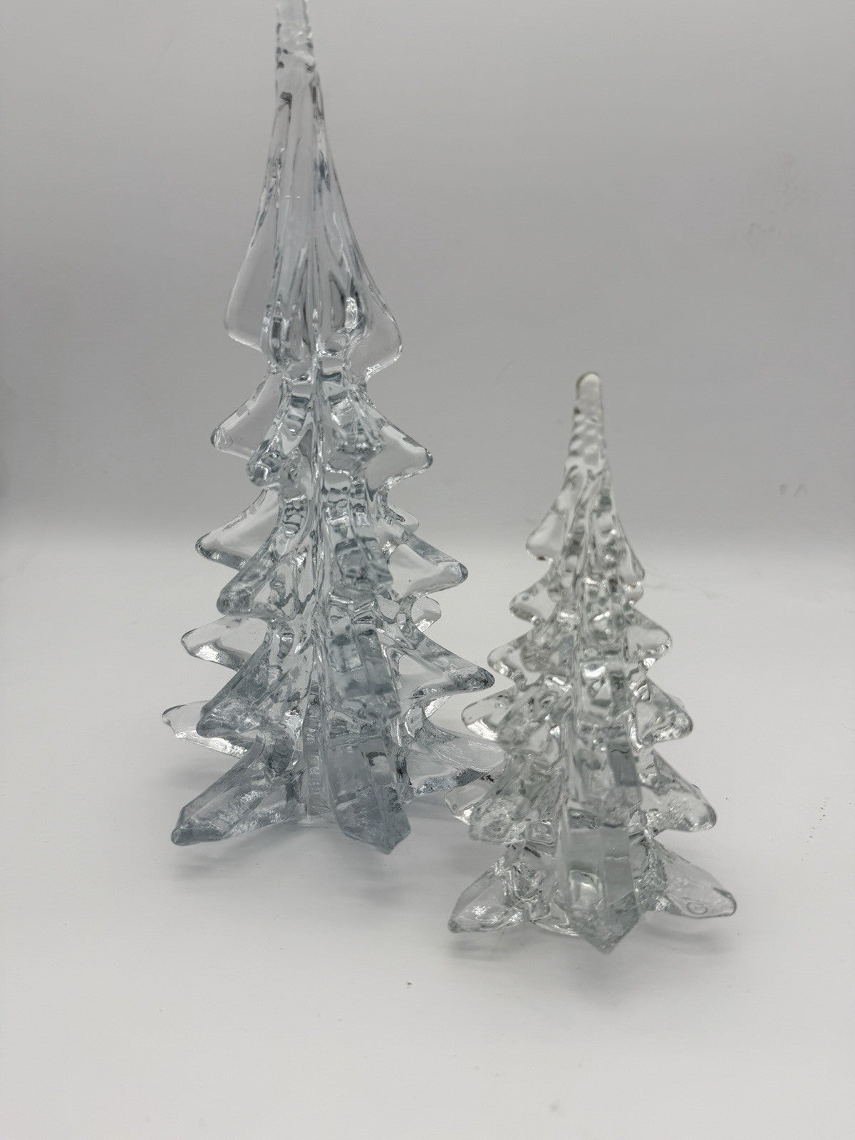 Vintage Silvestri Handcrafted Clear Art Glass Christmas Trees 10.5”&6” Figurines