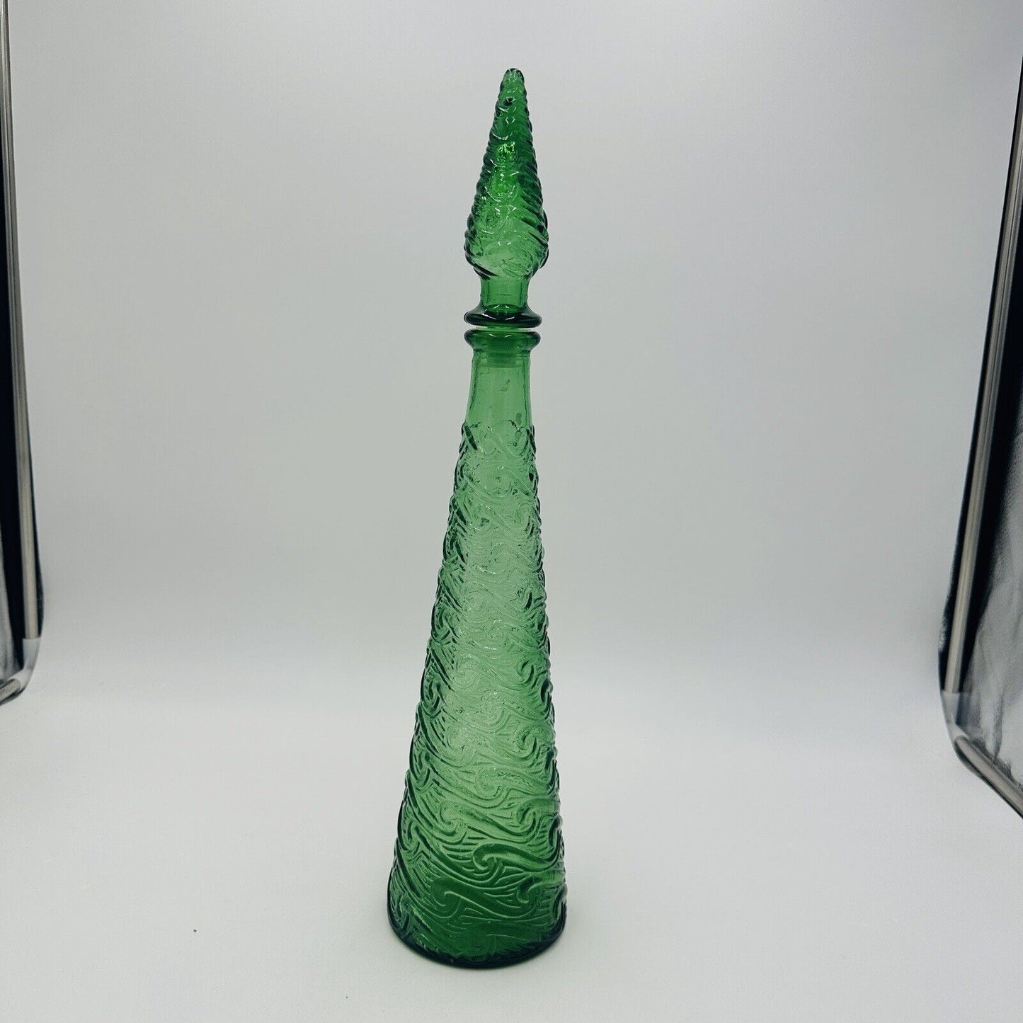 Empoli Glass Decanter Green Wave Italy Stopper 18in H Vintage Mid Century Modern