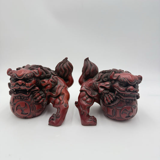 20th Century Chinese Foo Dogs Resin Cinnabar Good Luck Bookends Large Figurines