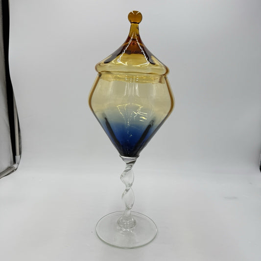 MCM Italian Empoli art Glass Apothecary Jar multicolor amber blue compote 16”