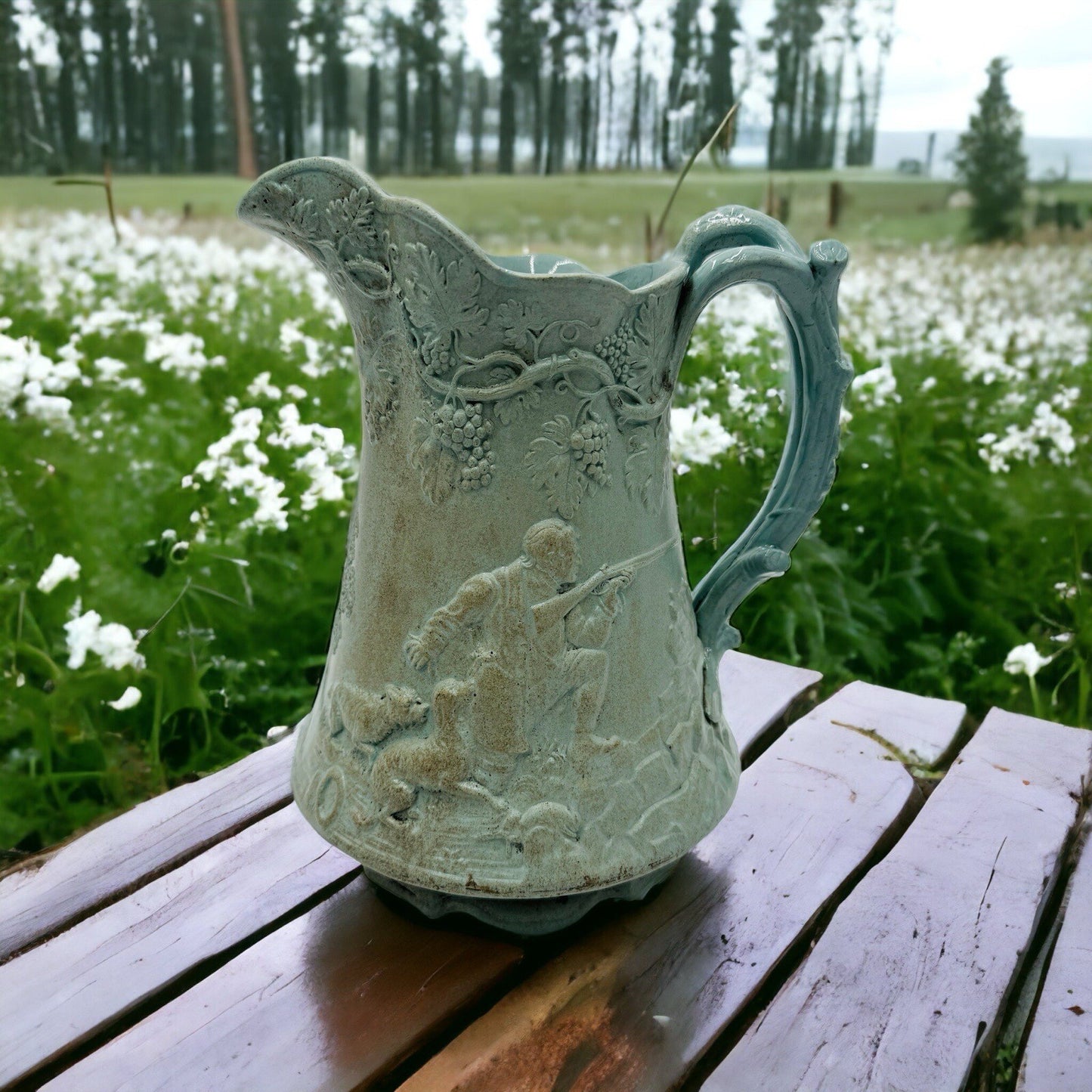 Parian Ware Relief Jug Pitcher Large Green Pottery Embossed Grapes Antique