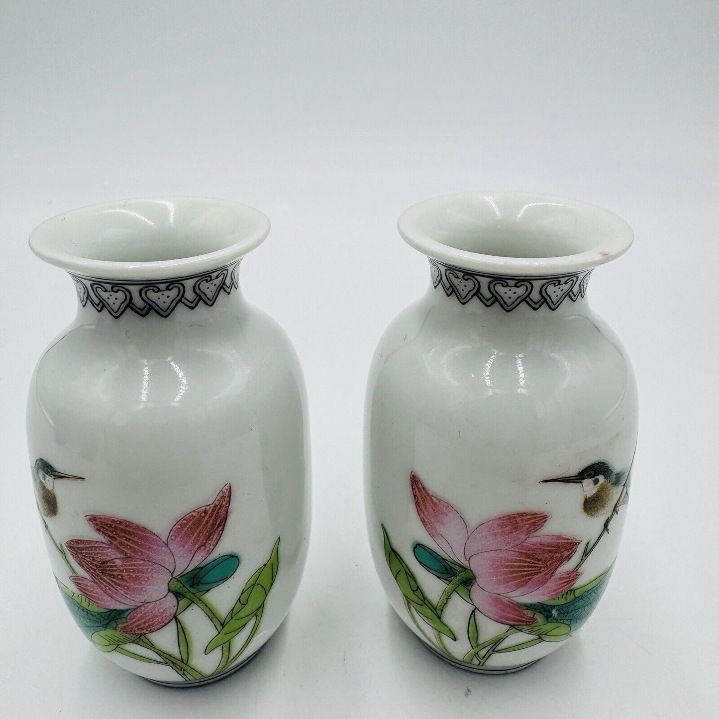 Chinese Famille Rose Porcelain Kingfisher Bird Flower Mini Vases 三隆 乾隆年制 款