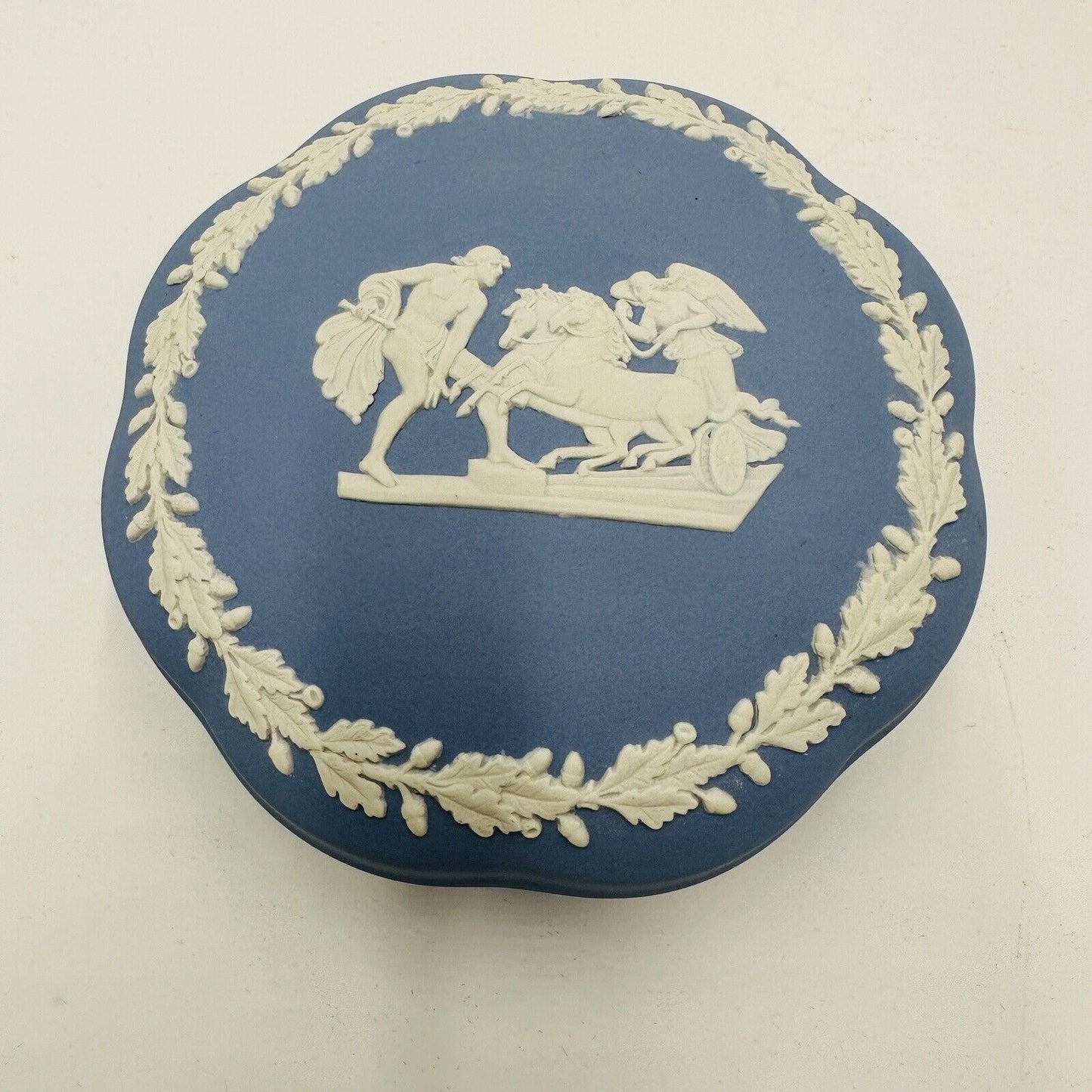 Wedgwood Blue Jasperware Covered Dresser Trinket Box Inlaid Ornate Horse Vintage