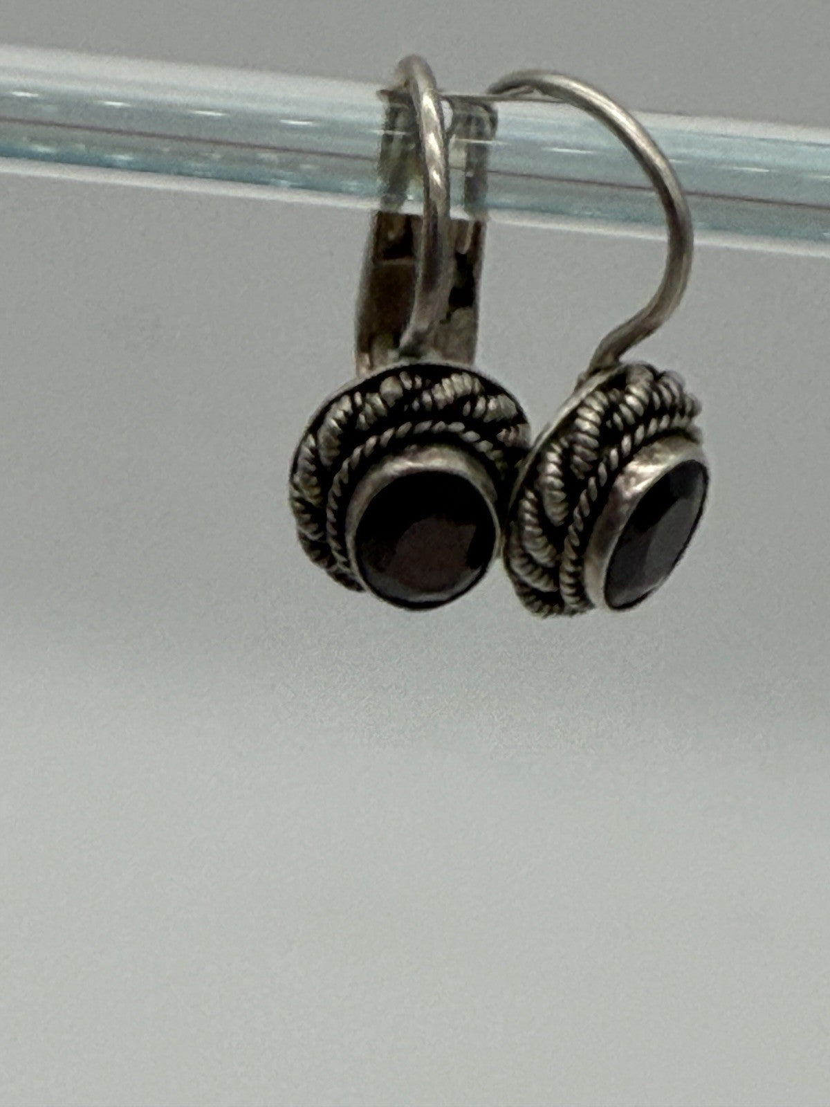 Sterling Silver Drop Earrings with Garnet Gems braided filigree halo 925
