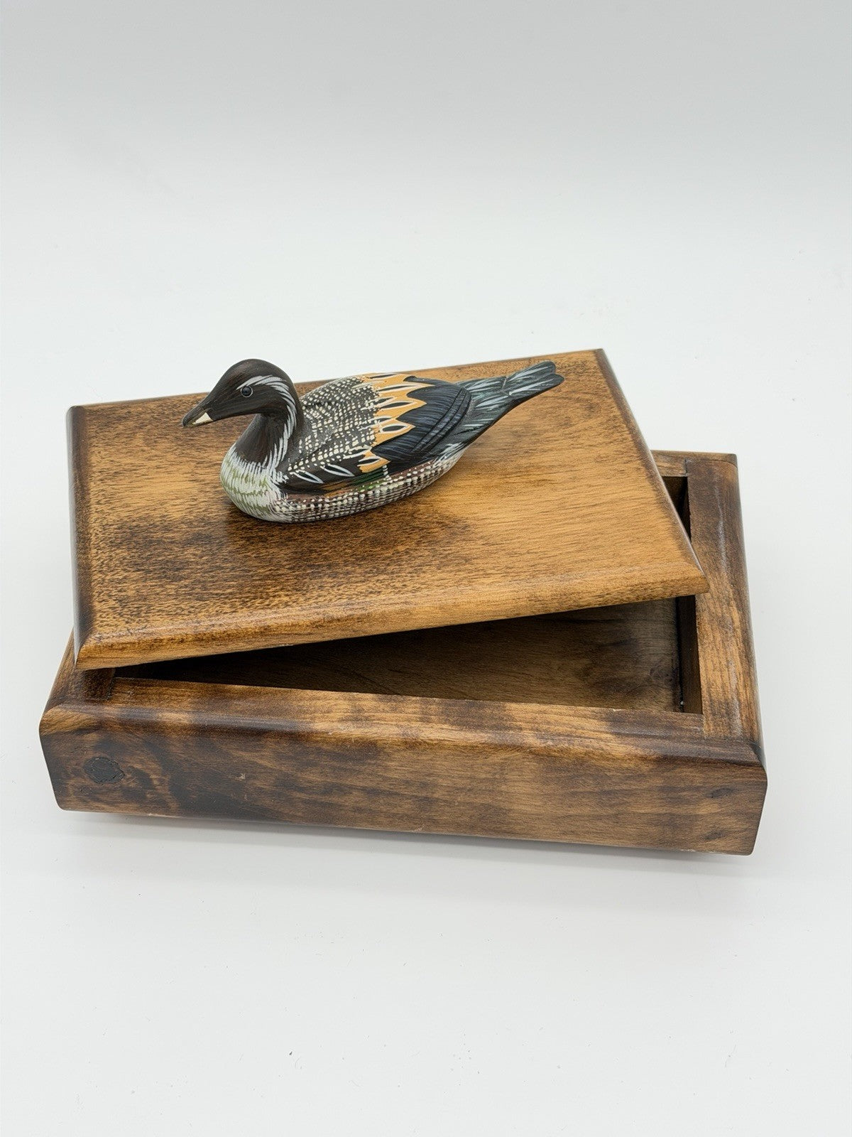 Folk Art Handmade Wooden Duck Decoy On It Trinket Box Vintage Solid
