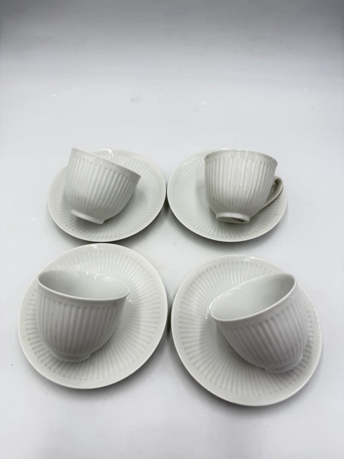 Royal Copenhagen Denmark White Georgiana Flat Demitasse Cups & Saucers 4 Sets