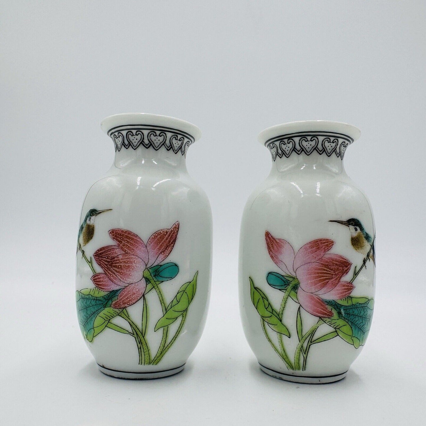 Chinese Famille Rose Porcelain Kingfisher Bird Flower Mini Vases 三隆 乾隆年制 款