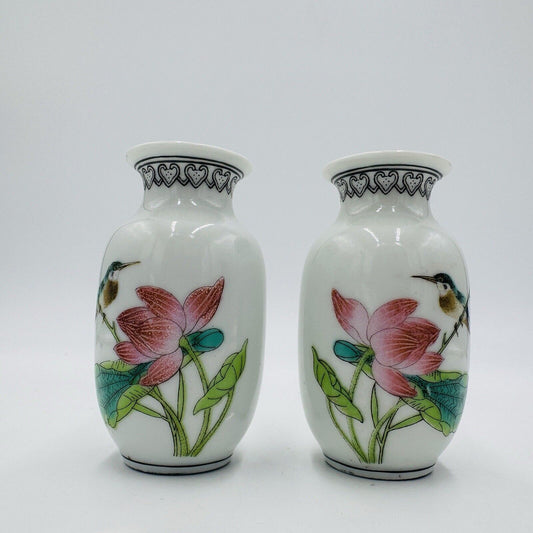 Chinese Famille Rose Porcelain Kingfisher Bird Flower Mini Vases 三隆 乾隆年制 款