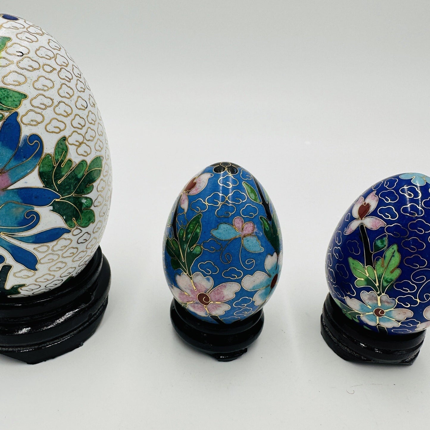 Cloisonné Chinese Easter Eggs Enamel Floral Butterfly Set Set of 3 Vintage