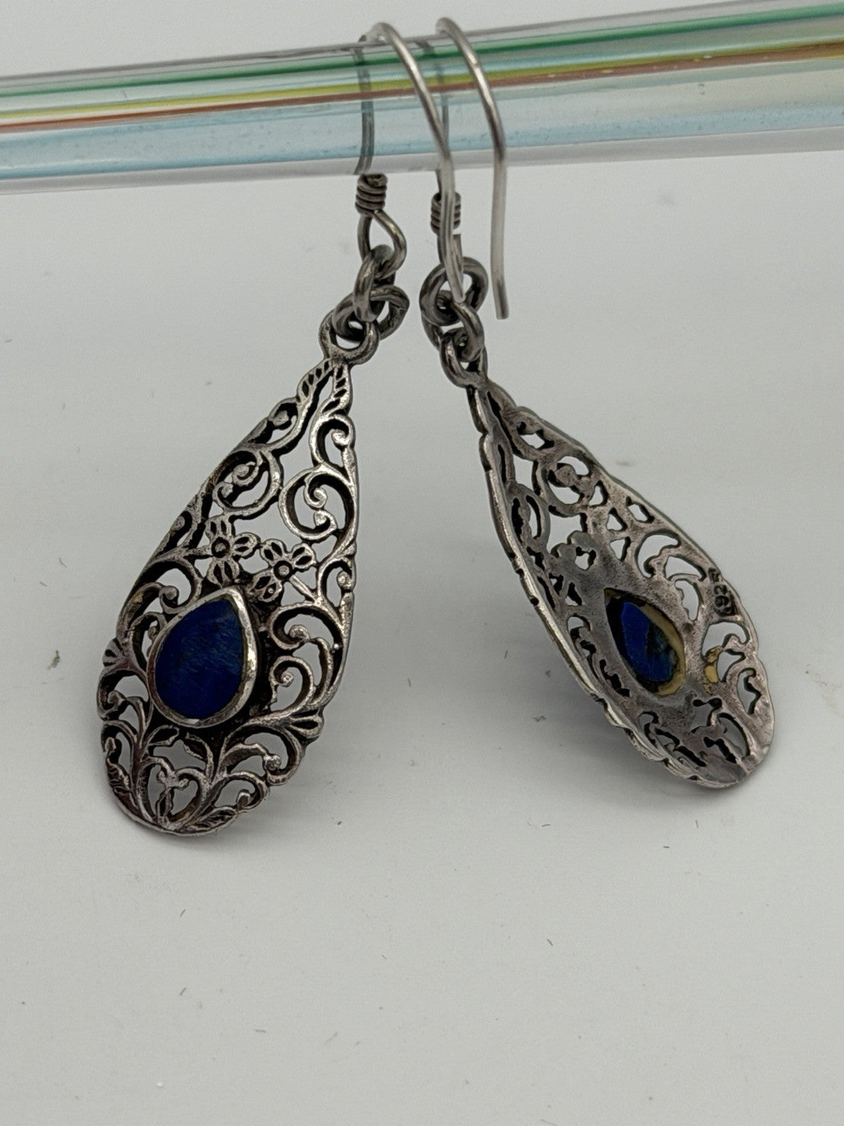Sterling Silver Filigree with Blue Accent Stone Dangle Earrings