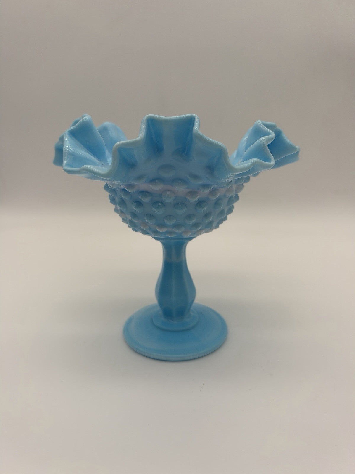 Fenton Blue White Slag Glass Hobnail Pedestal Compote Vtg Ruffled Edge 5.5”x6”