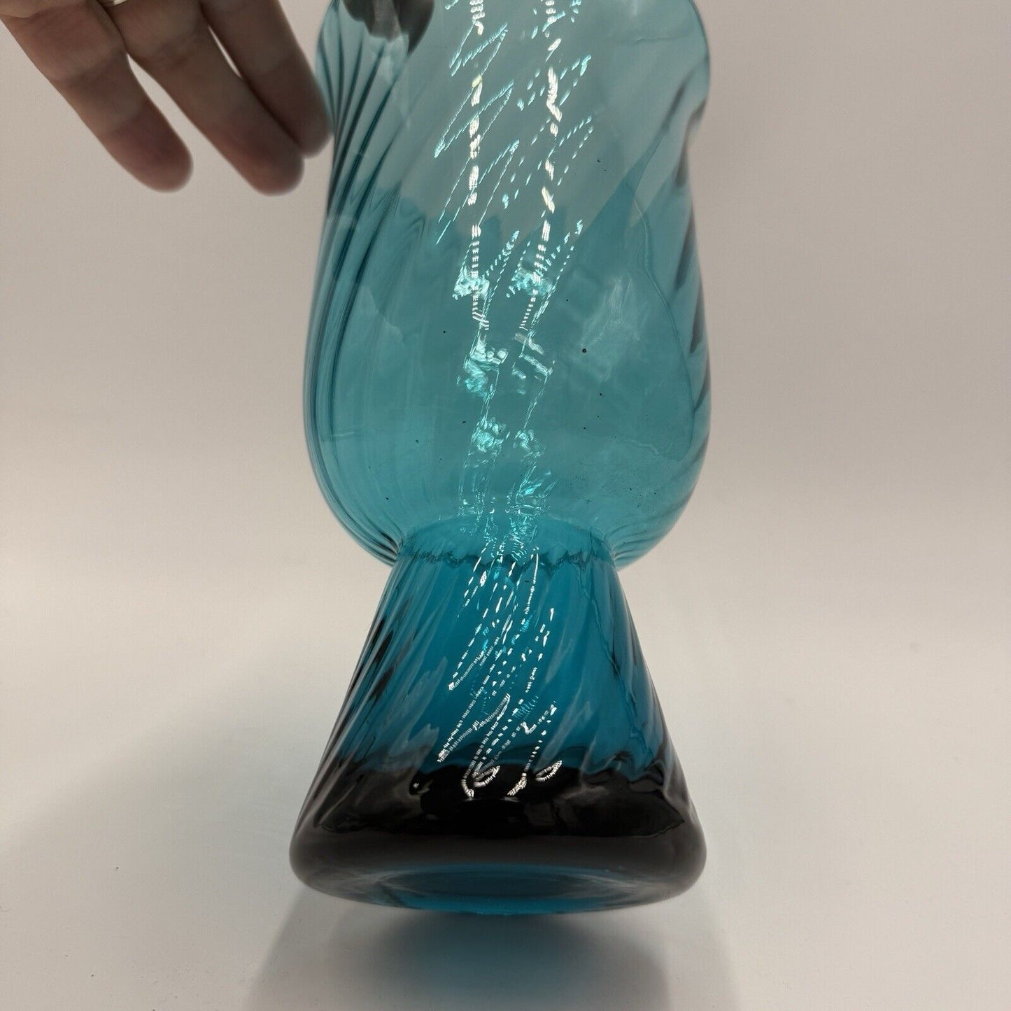 MCM Empoli Italian Handblown Art Glass Swirl Optic Teal Pedestal Vase 8.5"