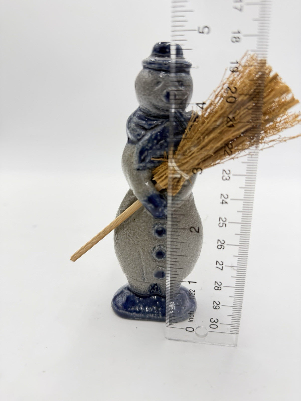 Vintage Rowe Pottery Salt Glazed Snowman W/broom 1996 Christmas Figurine 5”