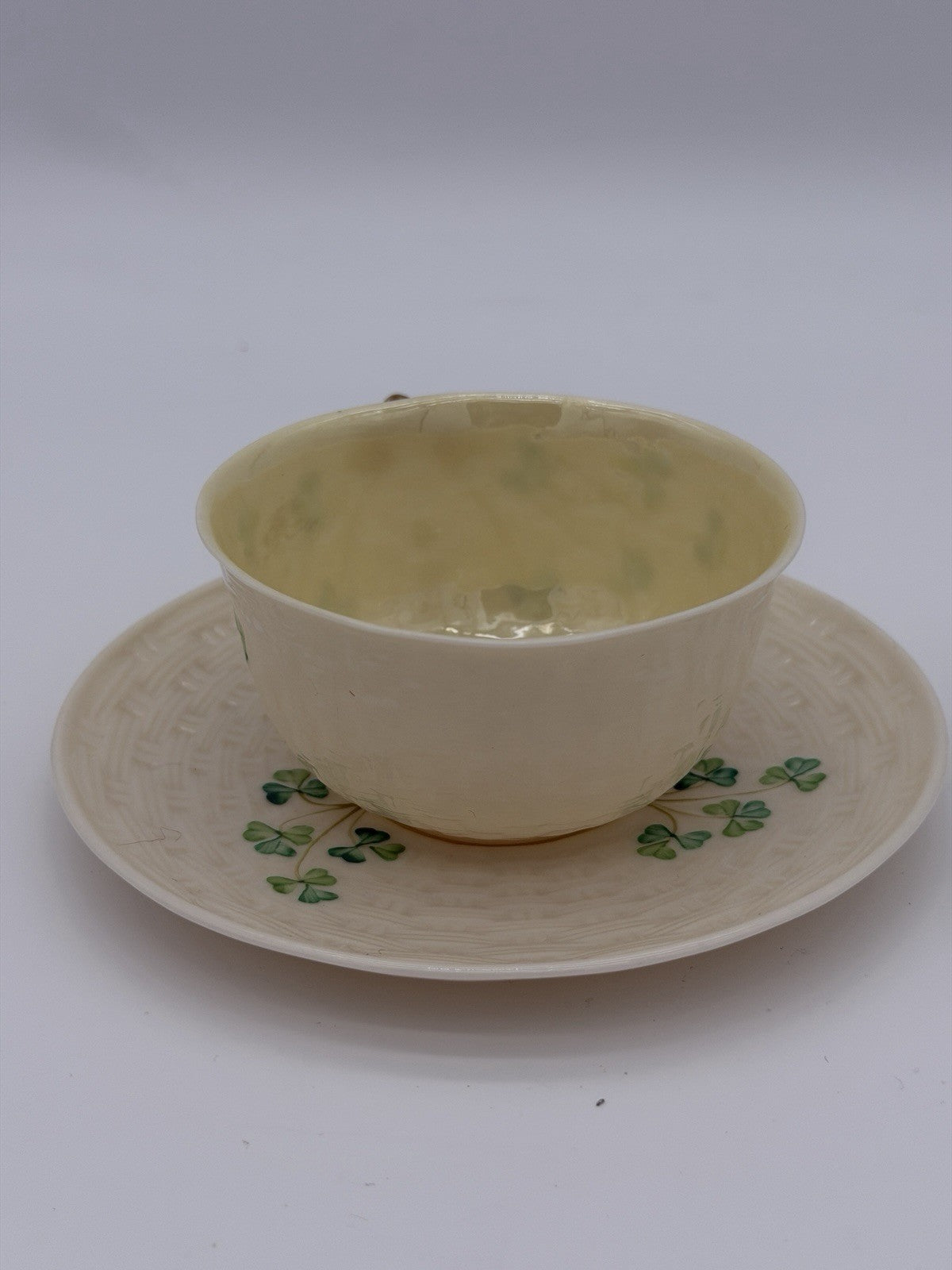 Belleek Ireland Porcelain 2ND GRN/1955 Shamrock Beige Saucer & Teacup Set