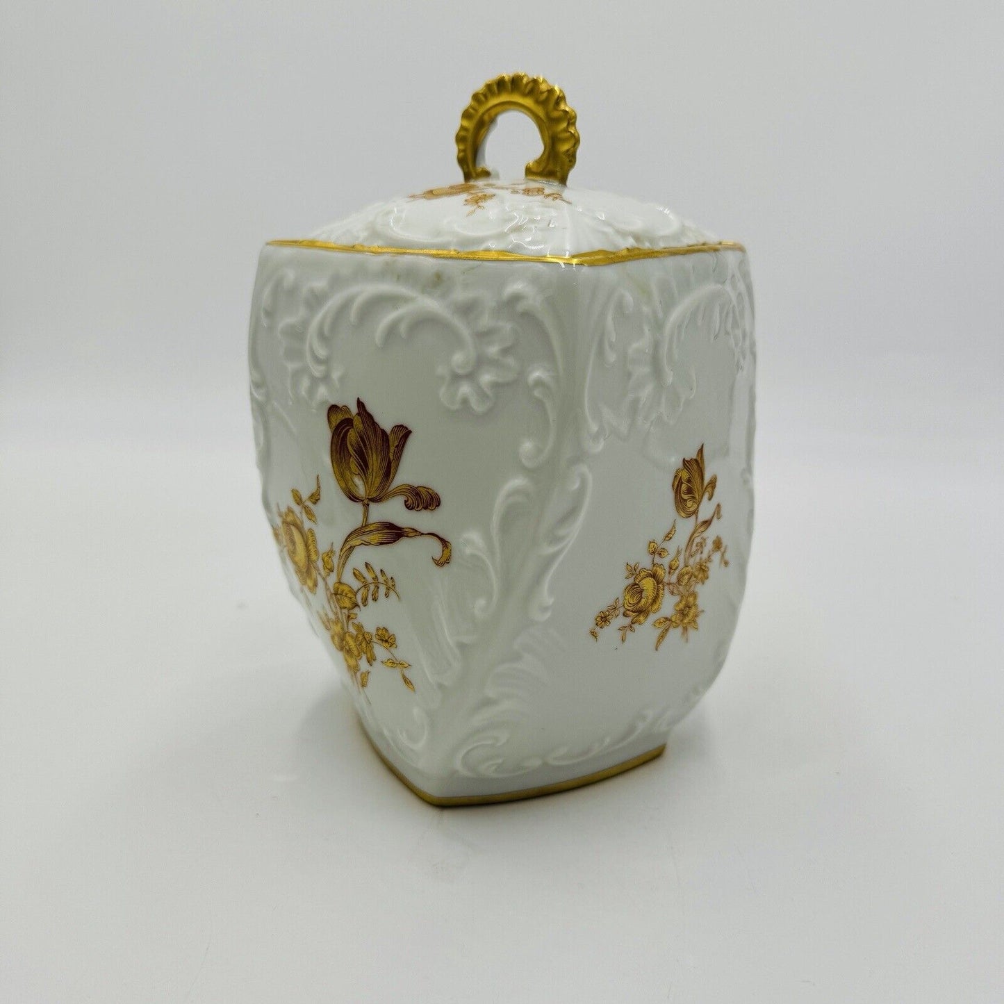 Rare Limoges France Porcelain Floral Gold Painted Biscuit Jar Lidded 7”twisted