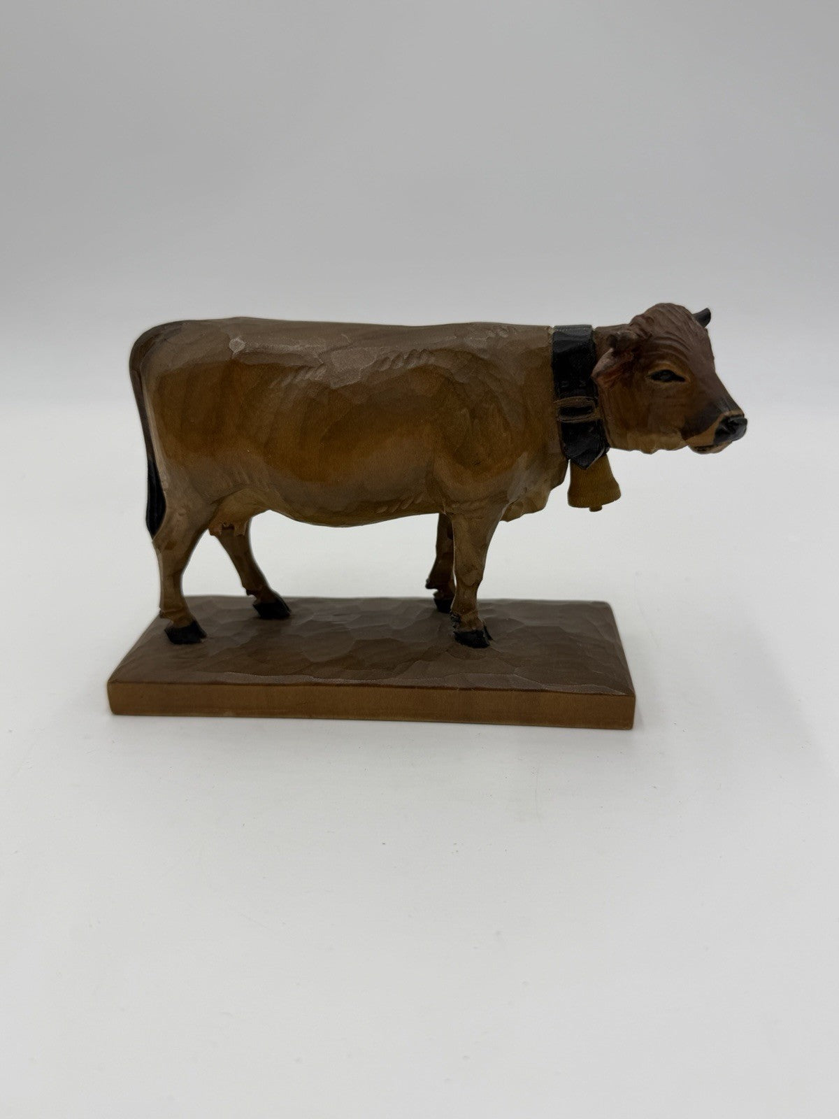 Swiss Folk Art Wood Carving Cow Signed HF Figurine Antique Switzerland 3.5”H X6”