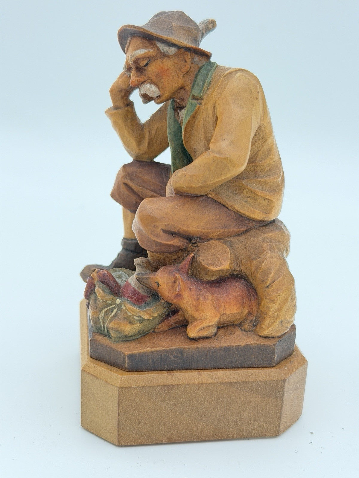 Anri Italy Folk Art Hand Wood Carved Hunter Man Rifle Fox Figurine 5" Vtg 1950