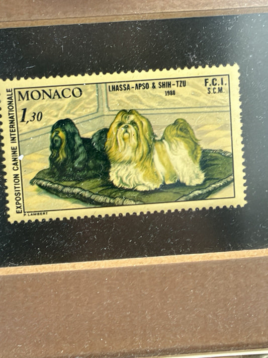 1980 postage stamp Monaco Lhasa Apso & Shih-Tzu dogs mini gold frame 4x5