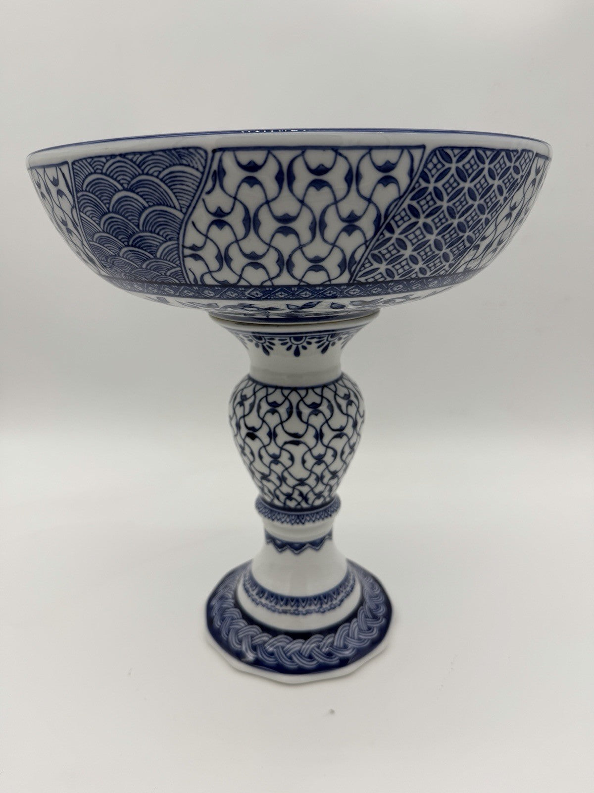Bombay Company Blue & White Porcelain Compote Pedestal Bowl Footed 12”H X11”w