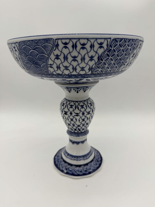 Bombay Company Blue & White Porcelain Compote Pedestal Bowl Footed 12”H X11”w
