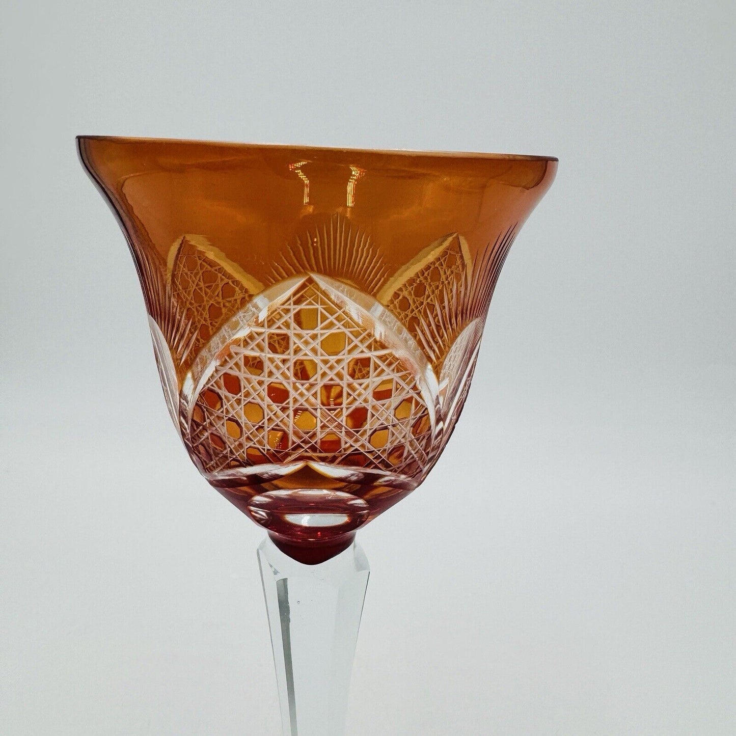 Bohemian crystal cut wine glass orange replacement 8” Vintage Etched