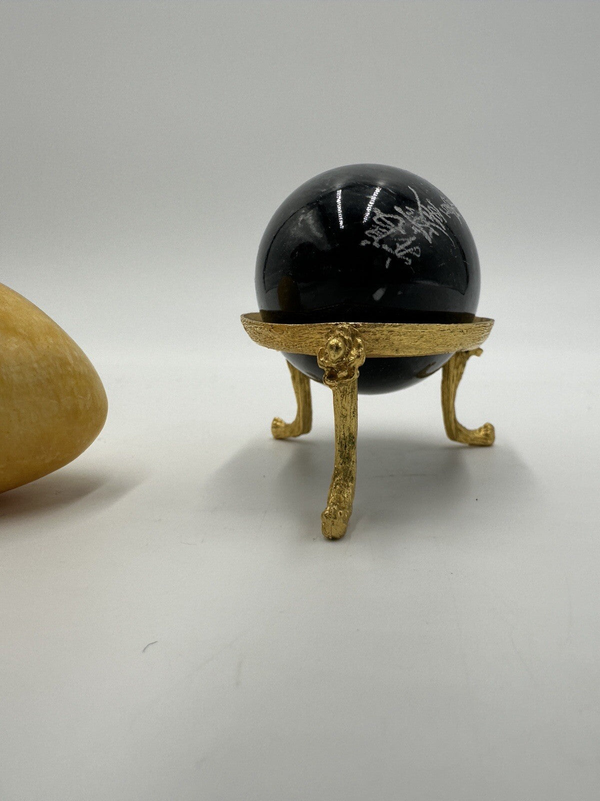 Alabaster Marble Eggs Stone 3in Etching Asian Words Yellow Black Vintage Easter