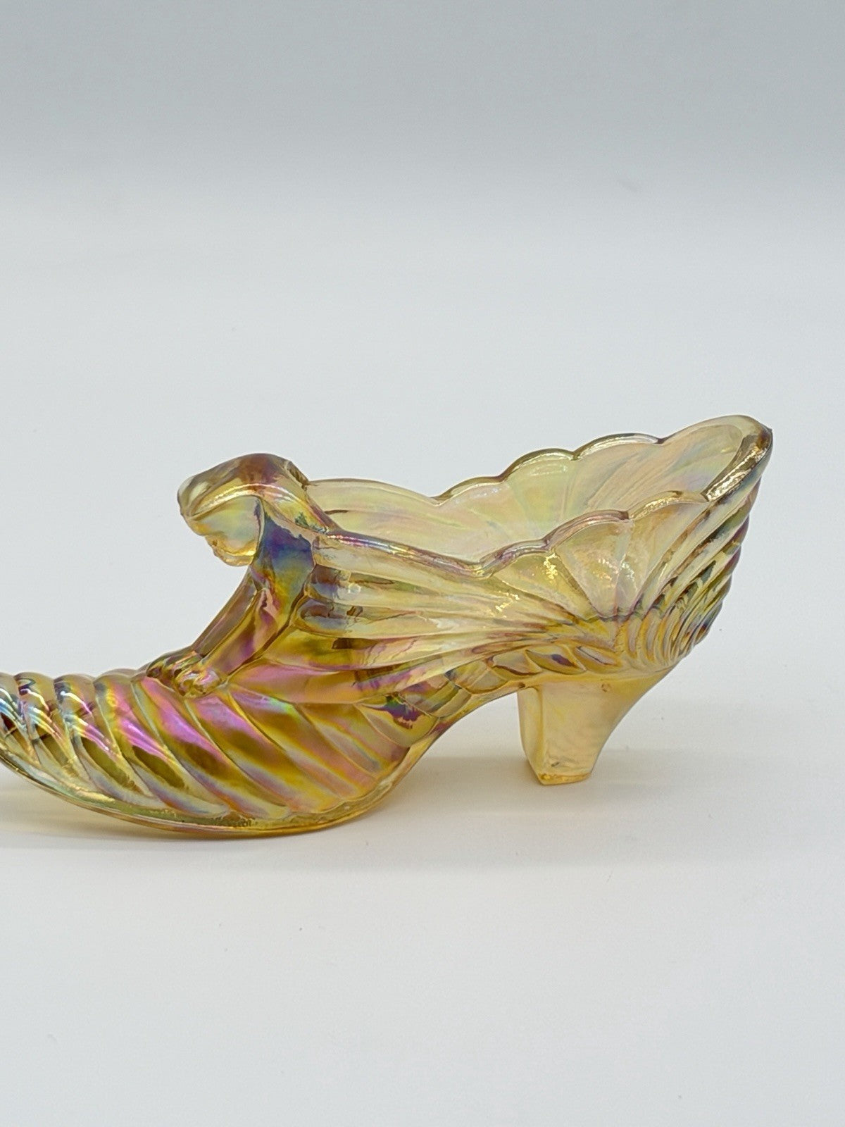 Fenton Art Glass Yellow Iridescent Cougar Cart Slipper Shoe Victorian Figurine