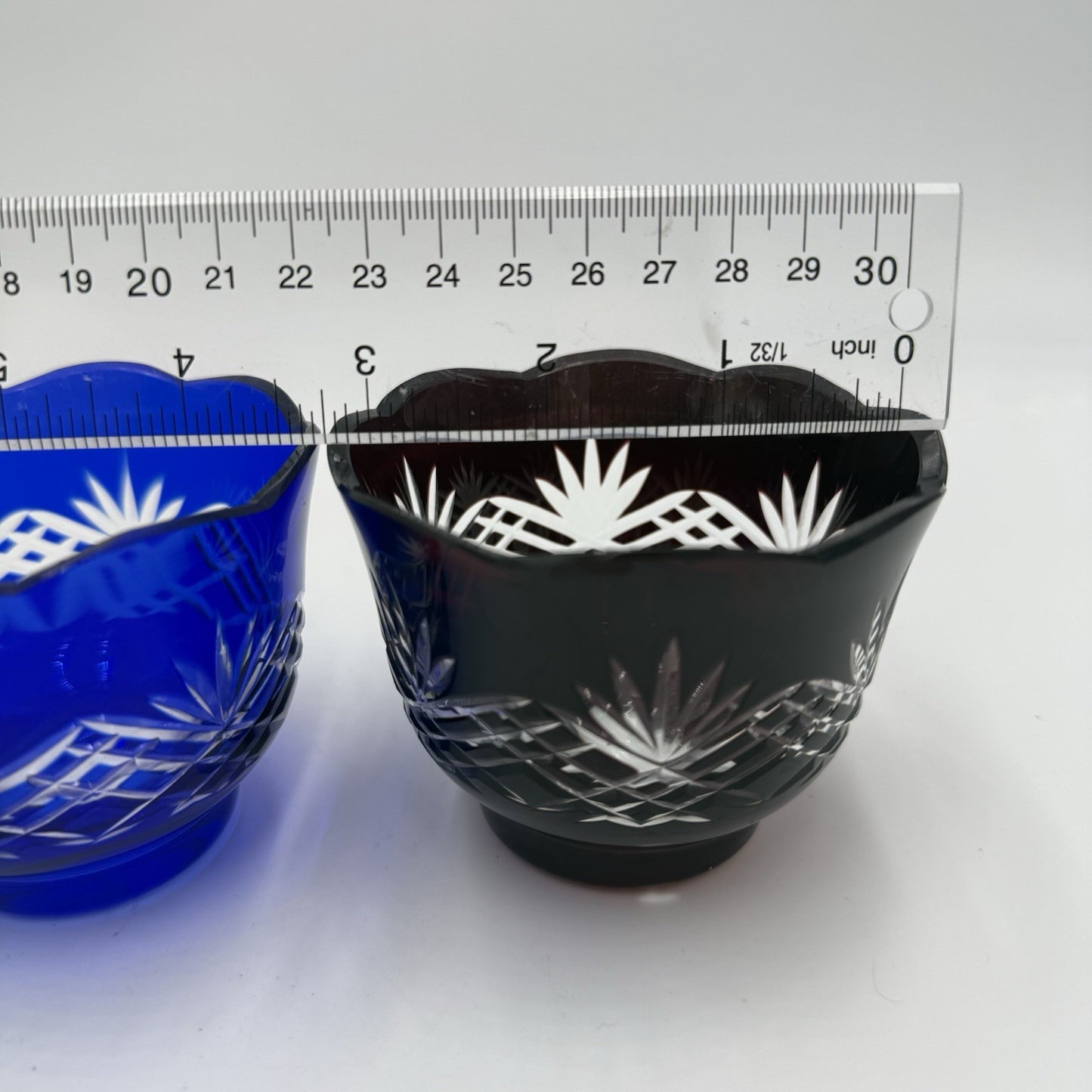 Vtg Bohemian Colored Crystal Cut  Scalloped Edge Votive Green Blue Purple 3 Pcs
