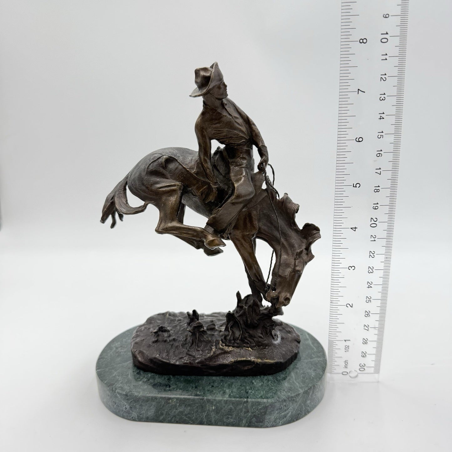 After Frederic Remington patinated bronze sculpture Outlaw Marble Base 8in