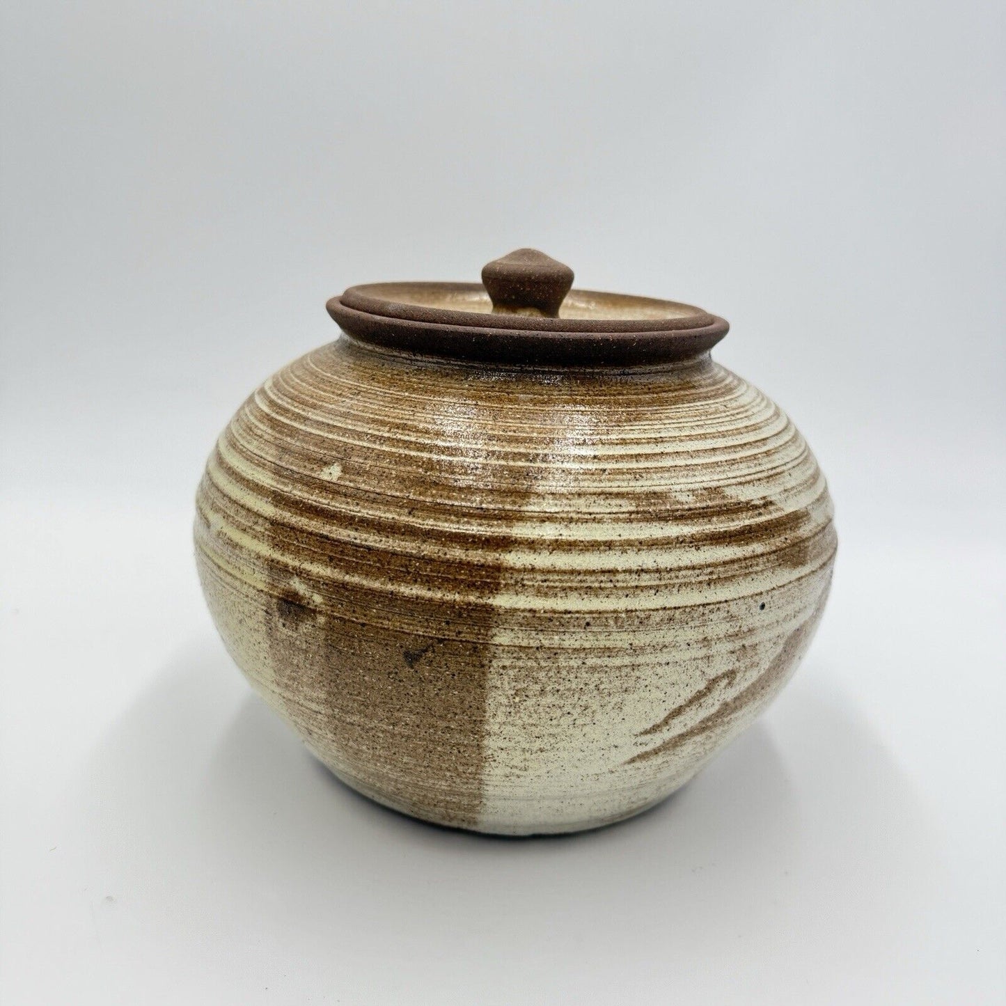 Vintage Lake Superior Art Studio Pottery Jar speckled brown ombre glaze Lidded