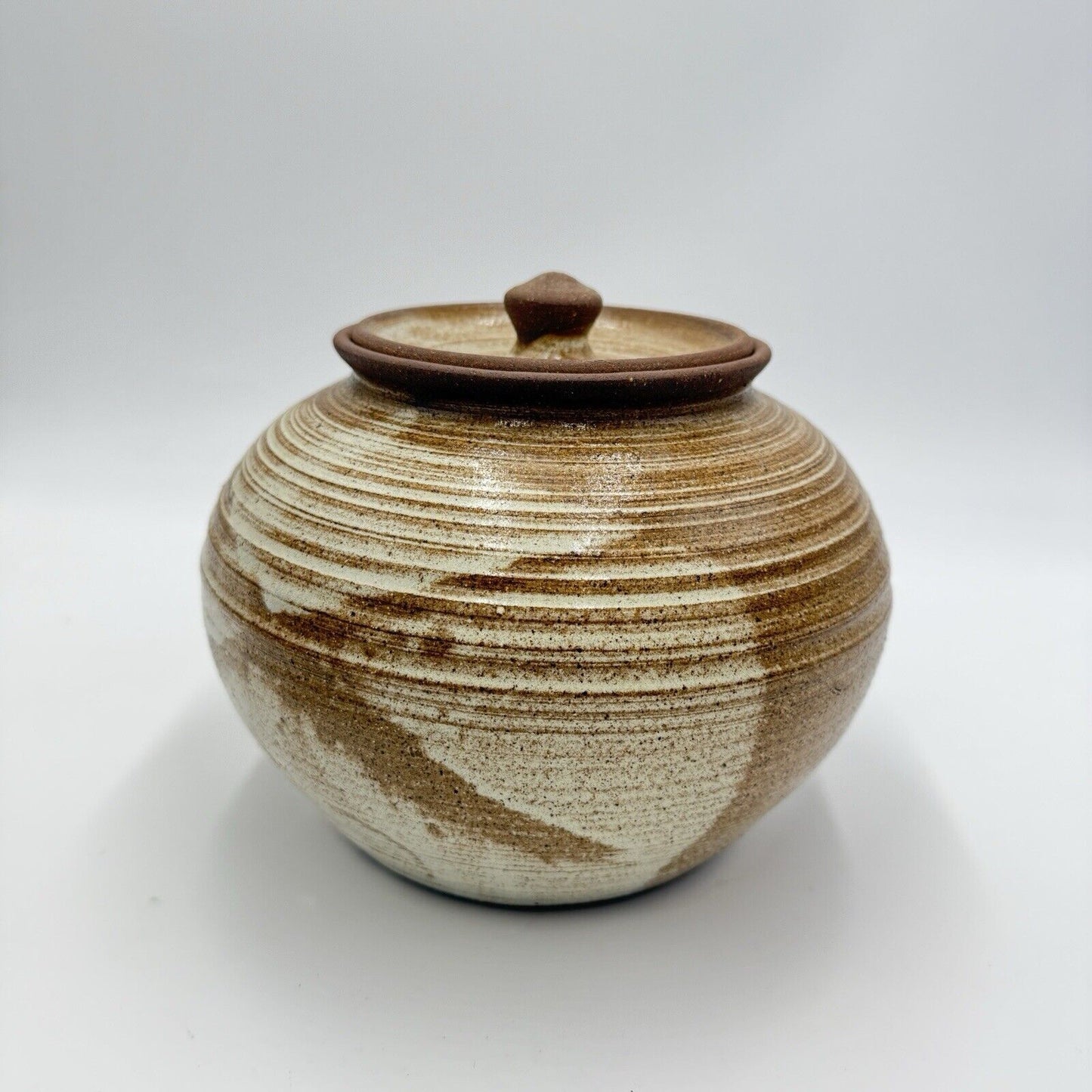 Vintage Lake Superior Art Studio Pottery Jar speckled brown ombre glaze Lidded