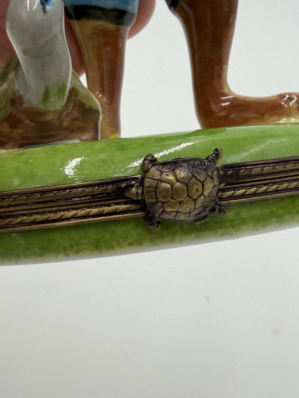 Rare Limoges France Porcelain Trinket Box Turtle & the Hare 4.2”H Painted Signed