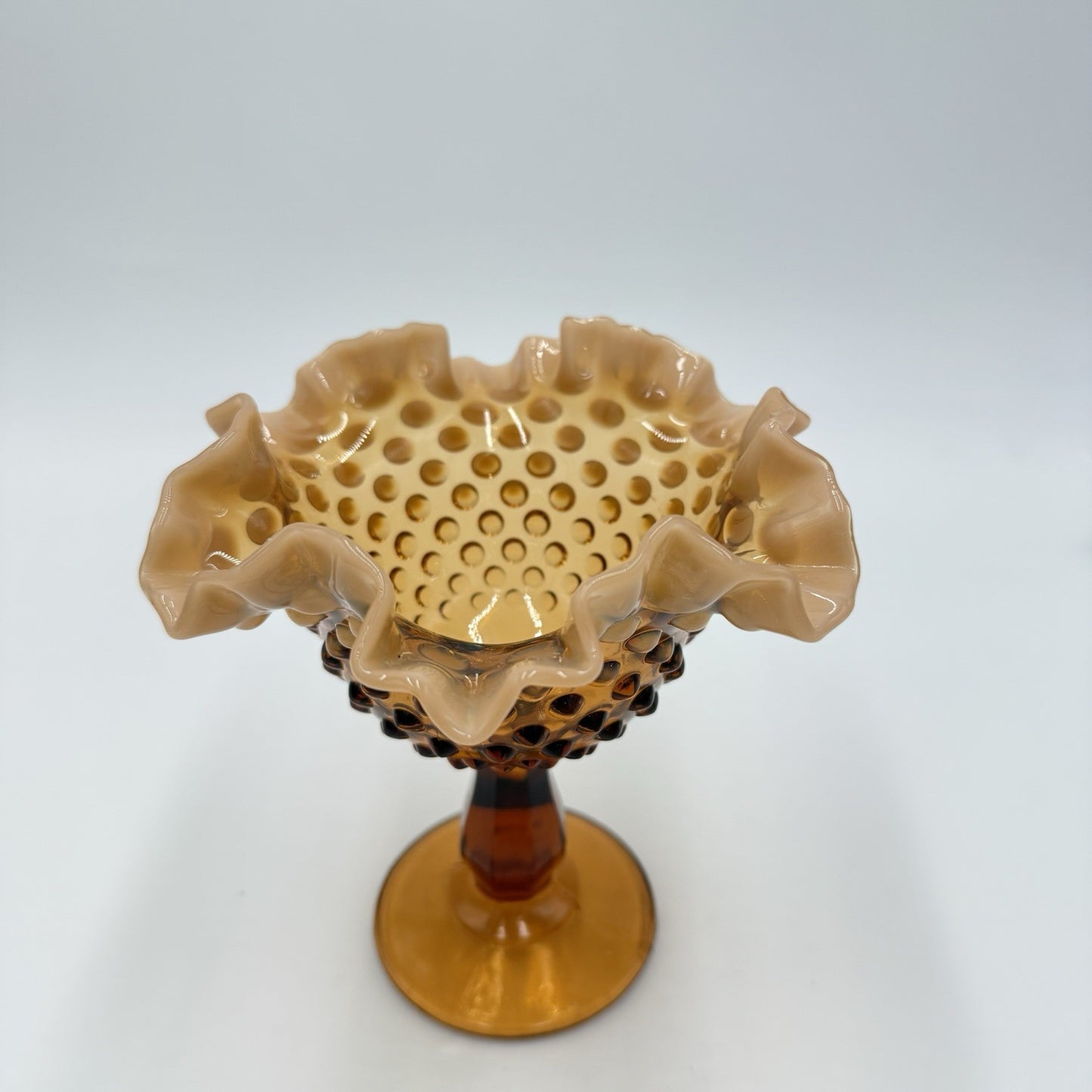 Fenton Art Glass Root Beer Opalescent Gradient Hobnail Ruffled Compote 6in