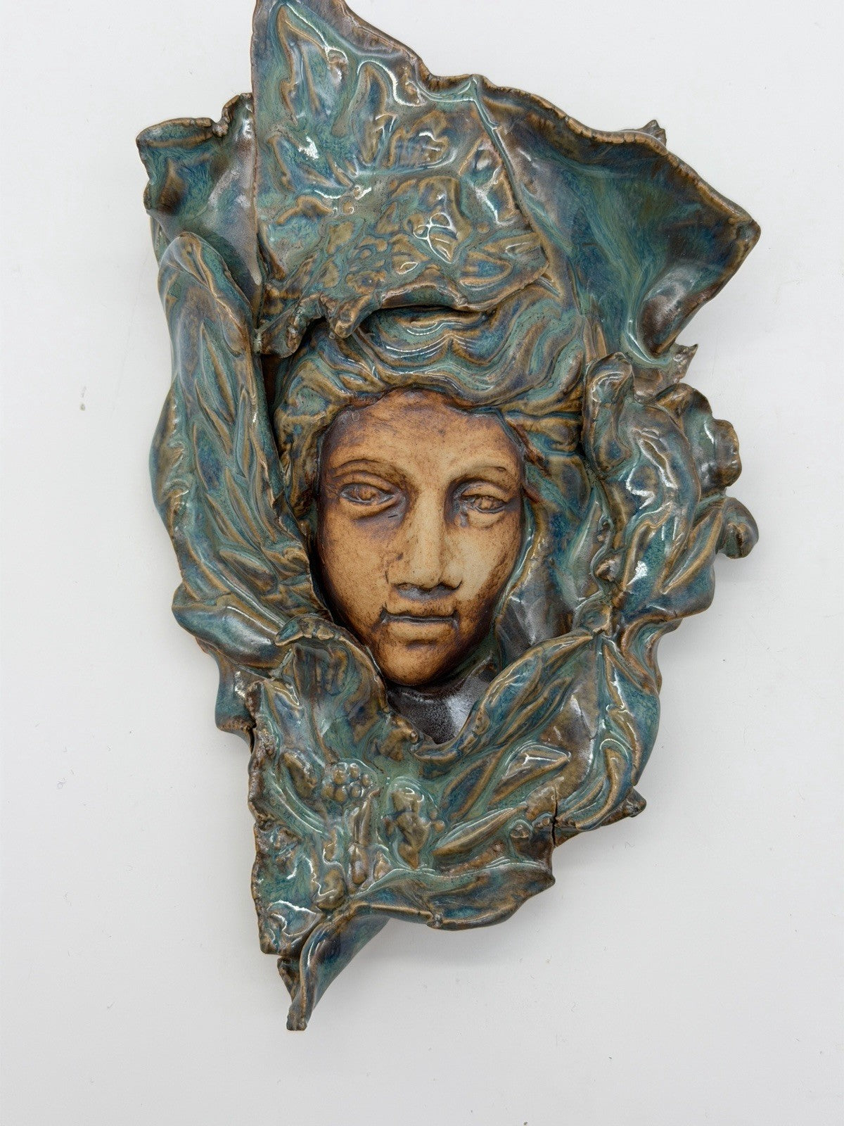 Art Nouveau Studio Art Pottery wall pocket sculpture Teal Blue Glossy 7.5”x4”
