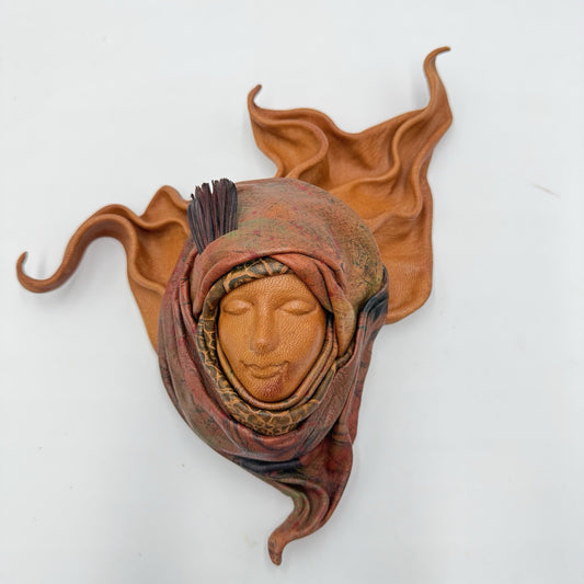 Folk Art Leather Face Wall Art Face Mask Women Shape Vintage Handmade