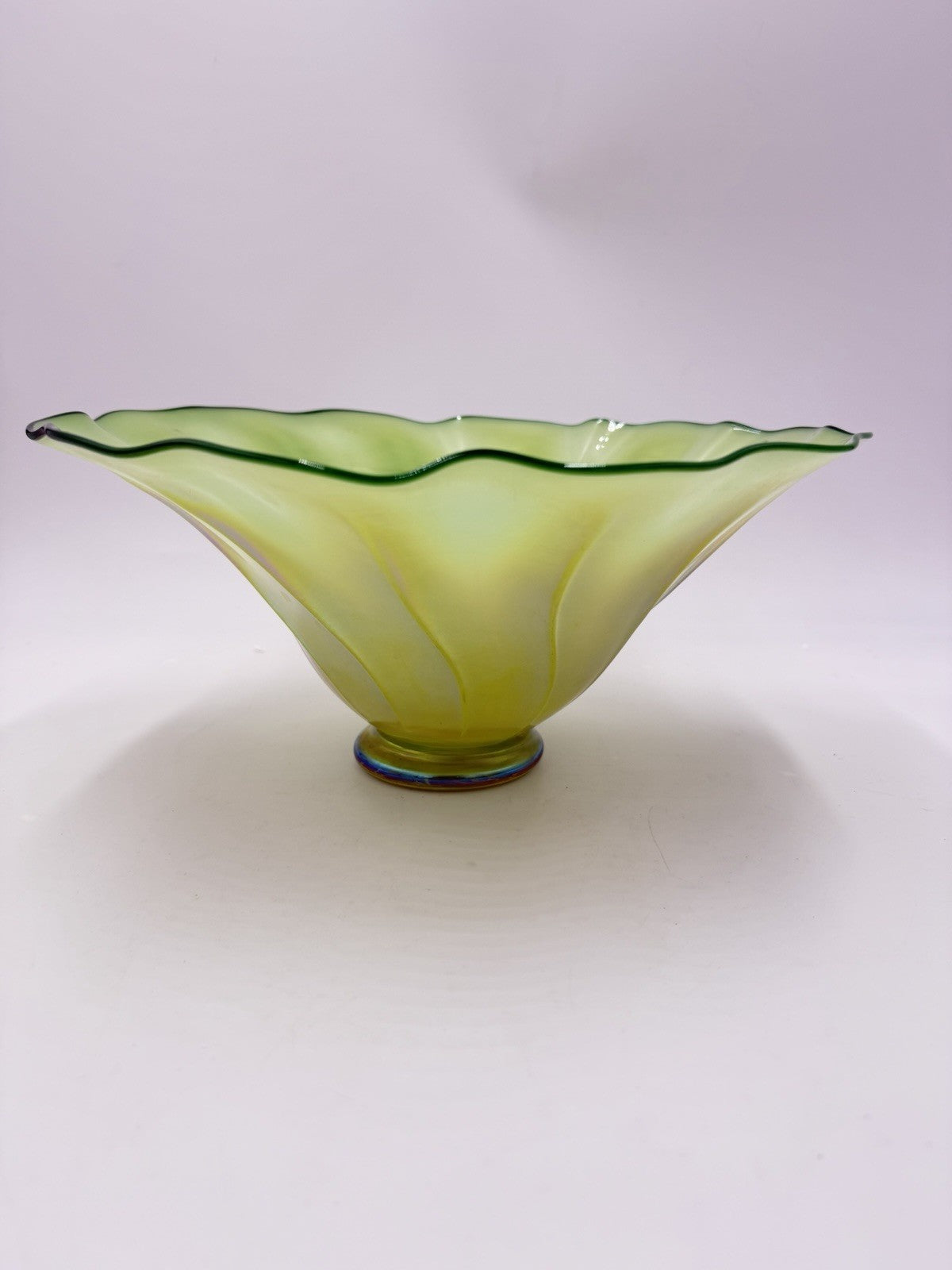 Rick Strini Art Glass Signed Green Lime Iridescent Swirl Bowl 2001 5.5”Hx12”W