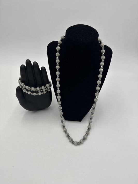 Crown Trifari Women's Jewelry Necklace And Bracelet Nubby Silver 26in Electra