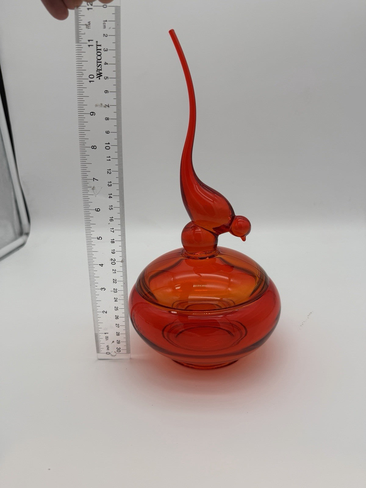 Viking Epic Glass Orange Long Tail Bird Covered Dish Bowl 11”H Large MCM