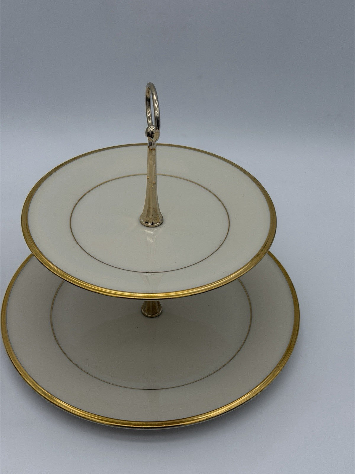 Lenox USA Porcelain  Eternal Gold 2 Tier Tidbit Appetizer Stand Gold rim 10”&8”