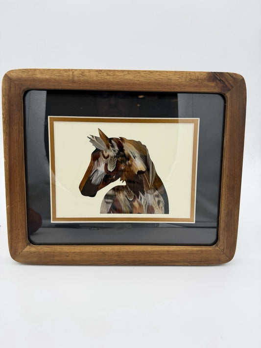 Folk Art Feathers Art Horse Wall Hanging Framed Art Wood Frame 11”x9”