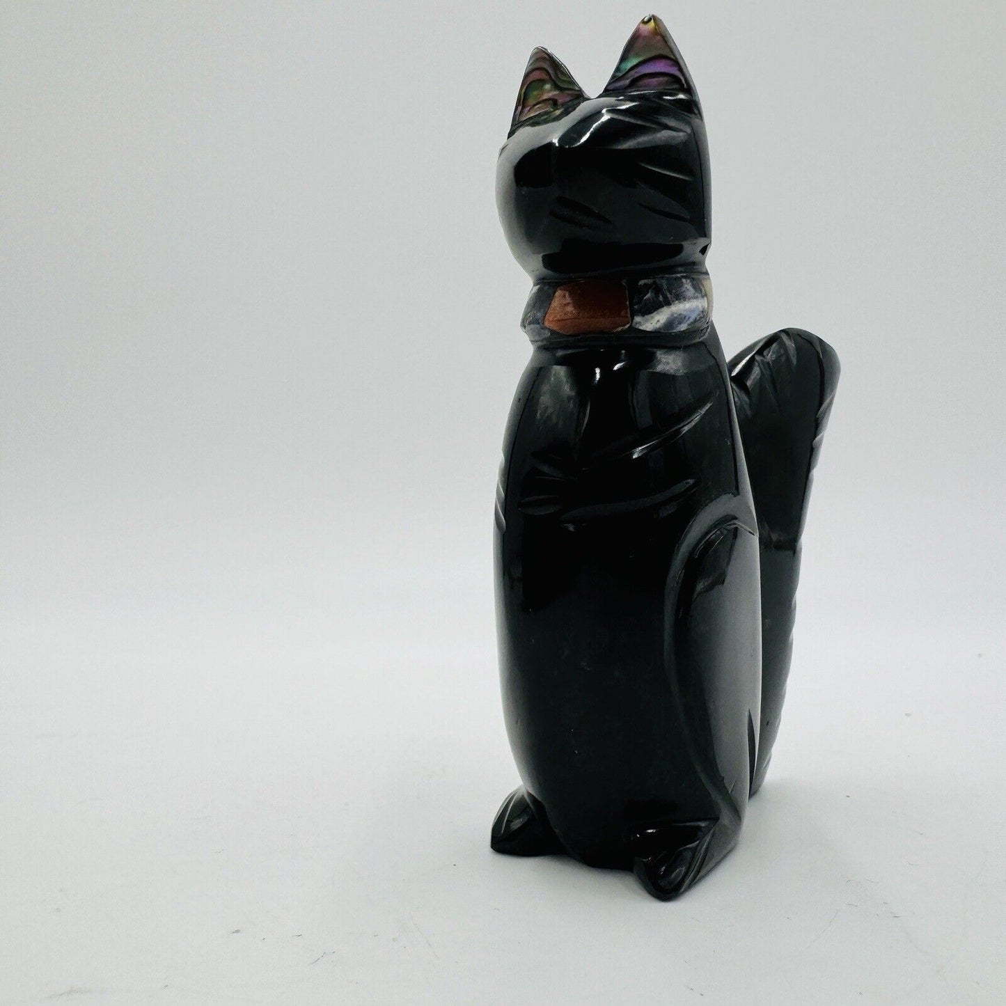 Carved Black Obsidian Cat Figurine Abalone Ears, Gemstone Collar 3.5in Signed