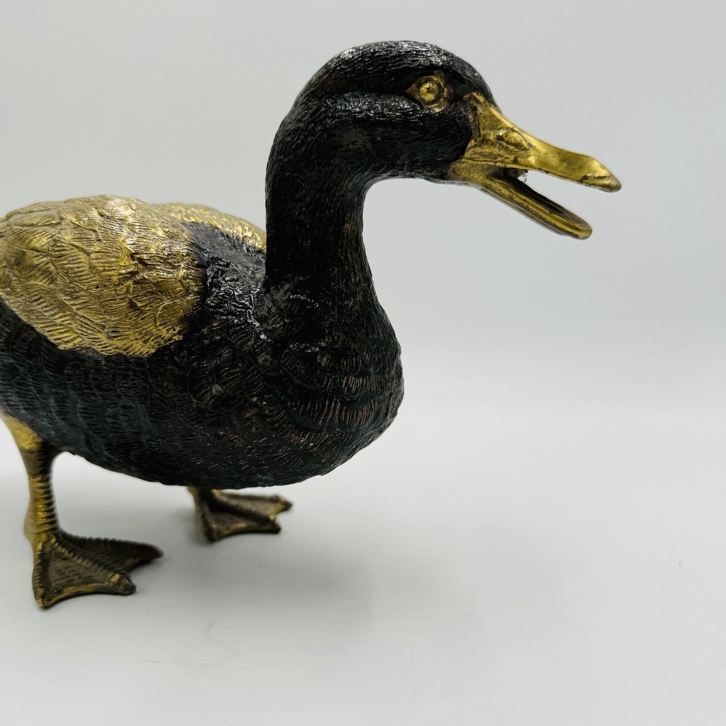 MCM Solid Brass Duck Mallard Sculpture Detailed Vintage 6in H x 11in L Rare
