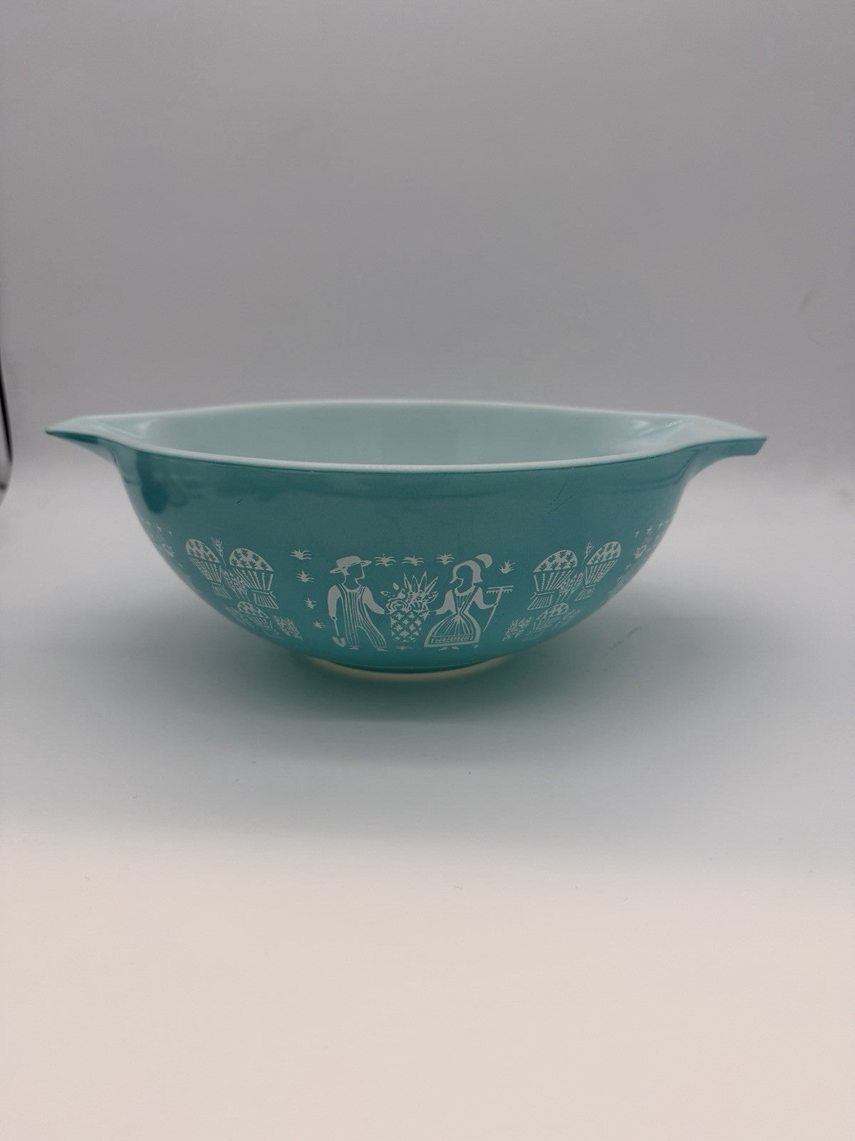 PYREX Amish Butterprint Cinderella 4 Qt Turquoise Mixing Bowl #444 Vintage Glass